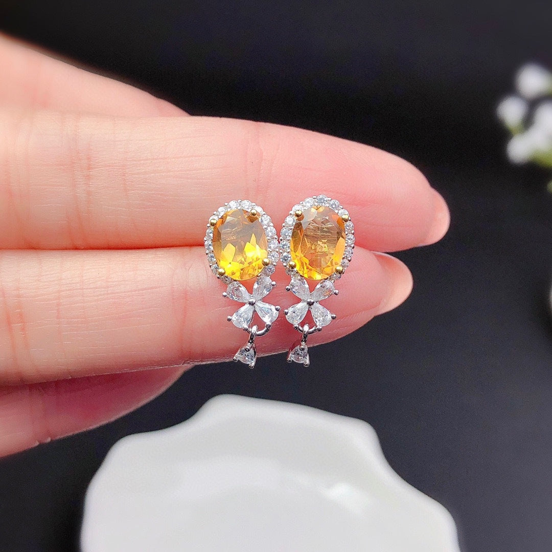 Natural Citrine Stud Earrings Women's Crystals Fully Purified Fire Explosion