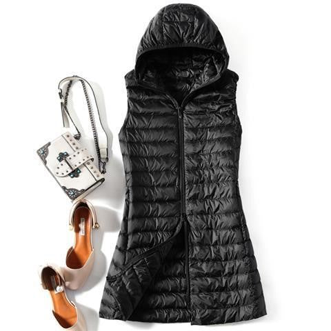 Hooded Down Vest Women's Sports Lightweight Mid-length Waistcoat Down Jacket