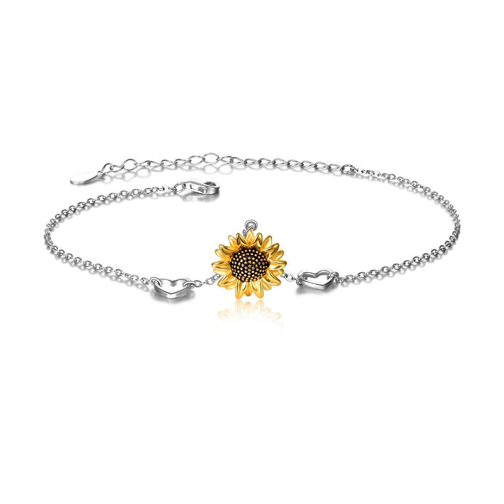 Sterling Silver Two-tone Sunflower Anklet Double Heart Rolo Chain