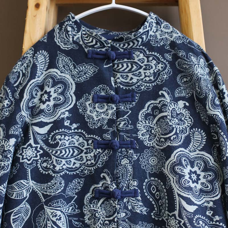 Cotton And Linen Jacket Women's Ethnic Blue Calico Cardigan