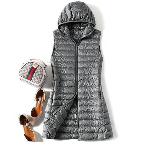 Hooded Down Vest Women's Sports Lightweight Mid-length Waistcoat Down Jacket