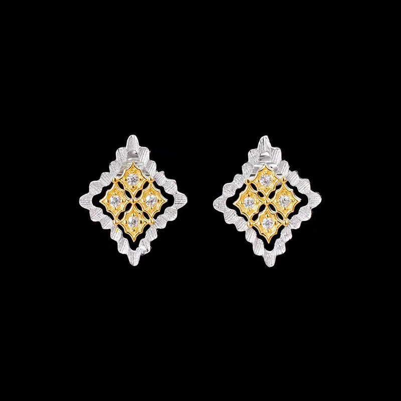 Italian Craft Diamond Stud Earrings Gold Plated Two Tone