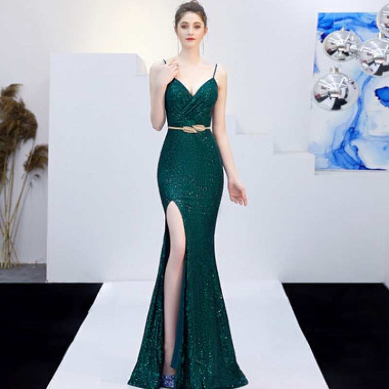 New Banquet Elegant Annual Meeting Long Host Deep V Sexy Fishtail Sequined Dress