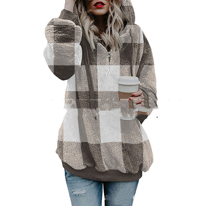 Sweater Women's Long-sleeved Hooded Plush Plaid Top