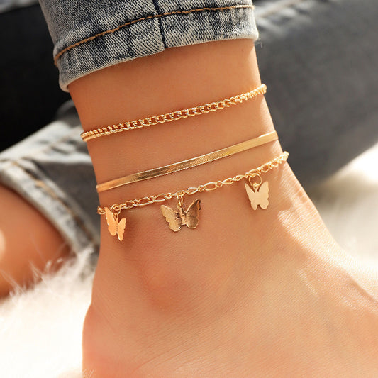 Simple Three-layer Chain Butterfly Pendant Anklet Set