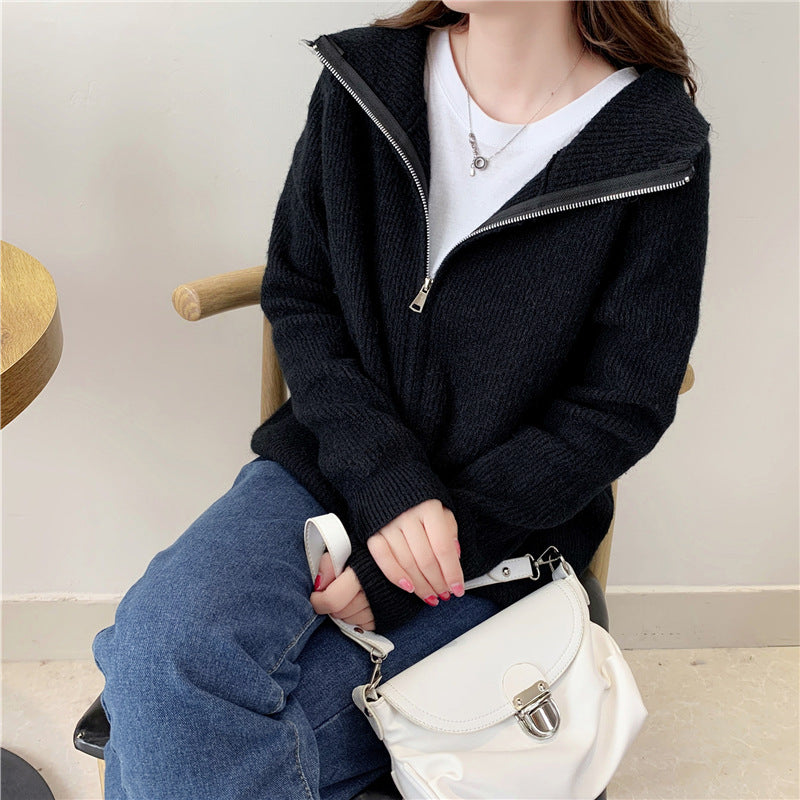 Loose Simple Solid Color Knitted Sweater Jacket Top