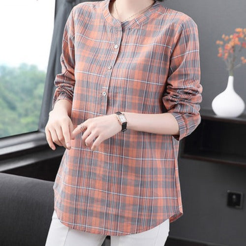 Cotton And Linen Plus Size Plaid Women's Shirt