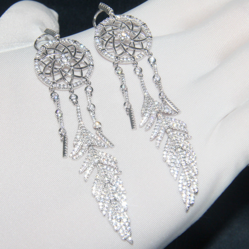 Sterling Silver Earrings Set With Diamonds To Catch Dream Net Feathers