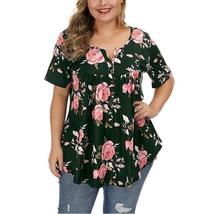 New Ladies V-Neck Button Plus Size Printed Short Sleeve Top