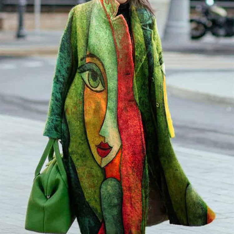 Long Sleeve Lapel Coat Printed Woollen Coat