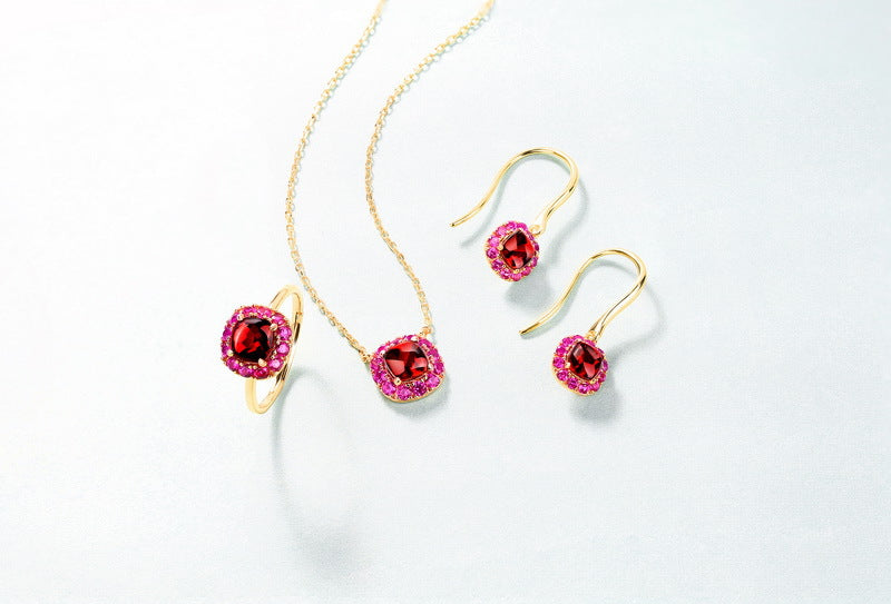 Silver Plated 9K Gold Inlaid Garnet Earrings Red Corundum