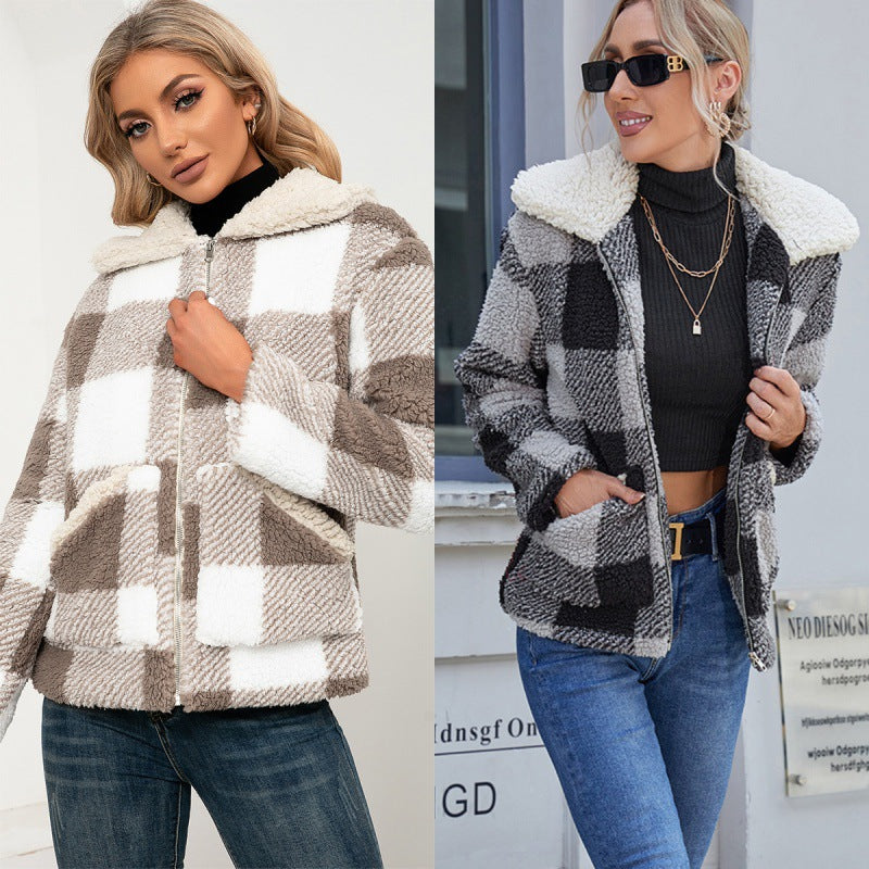 Plaid Plush Lapel Coat Lamb Fur Check Pocket Jacket Women