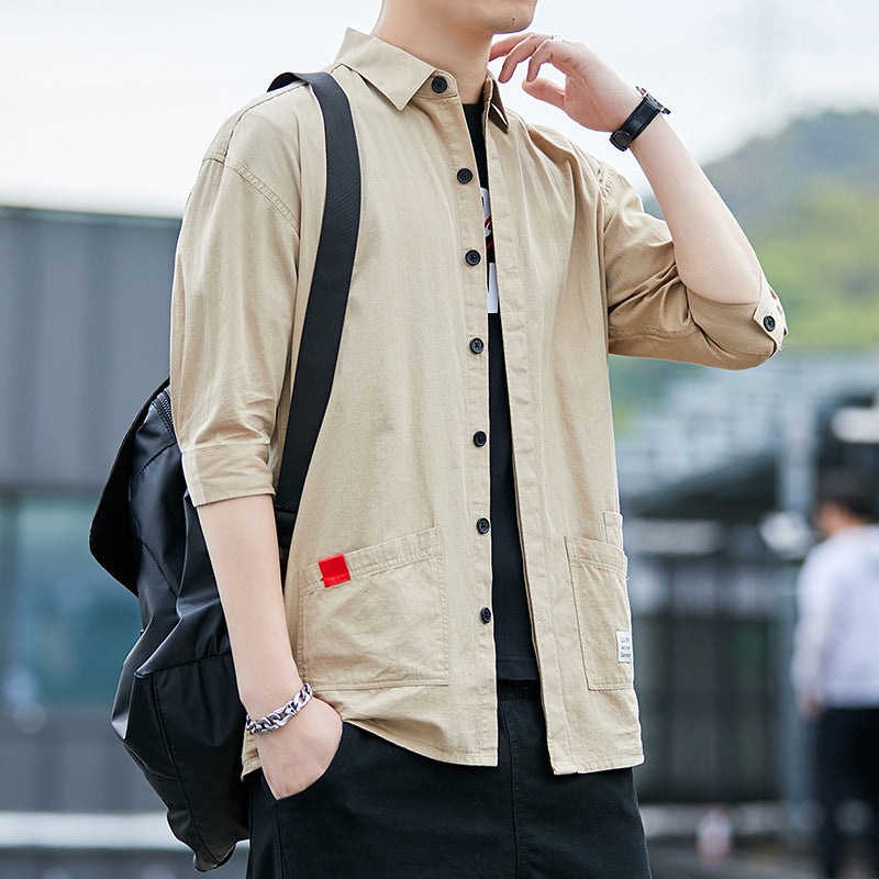 Summer Cotton Workwear Shirt With Three-Quarter Sleeves