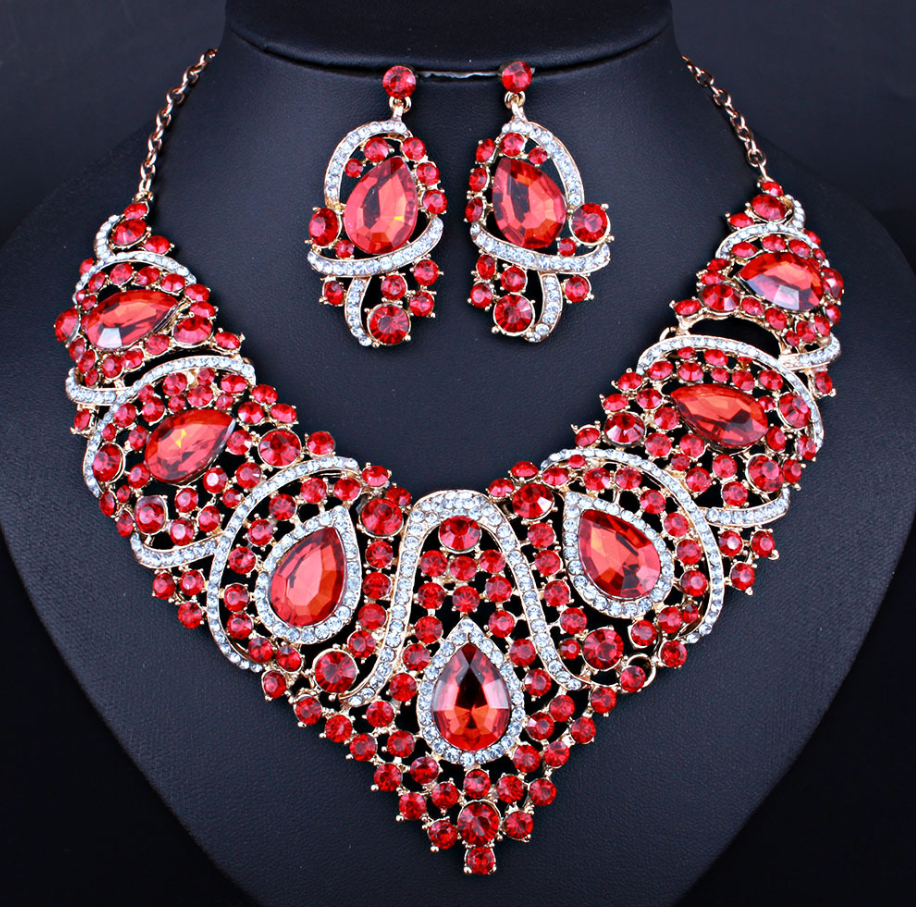 Crystal Rhinestone Necklace Earrings Set Chain African Bridal Jewelry SetStyle