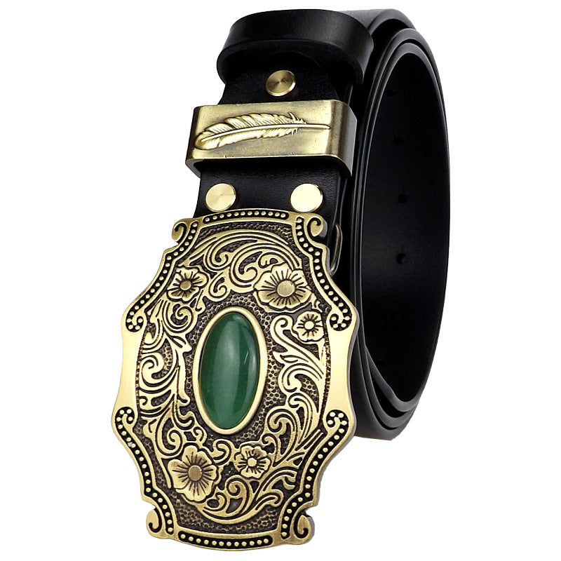 Casual Pure Copper Inlaid Jade Buckle Men's Belt