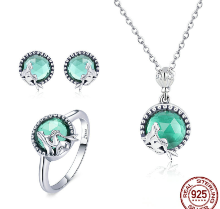 Mermaid Stud Earrings Ring Combination Ladies Mermaid Love S925 Sterling Silver Diamond Earring Set