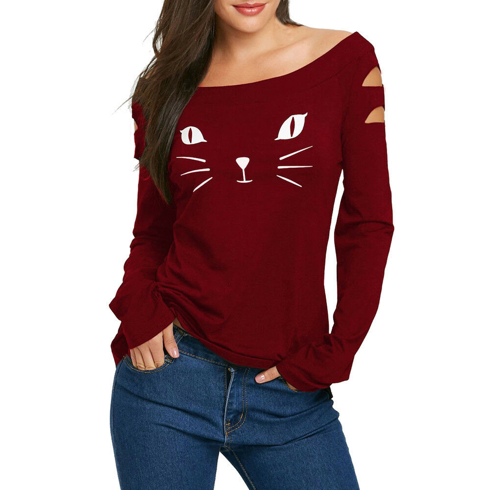 Cat Print Broken Long Sleeve T-Shirt