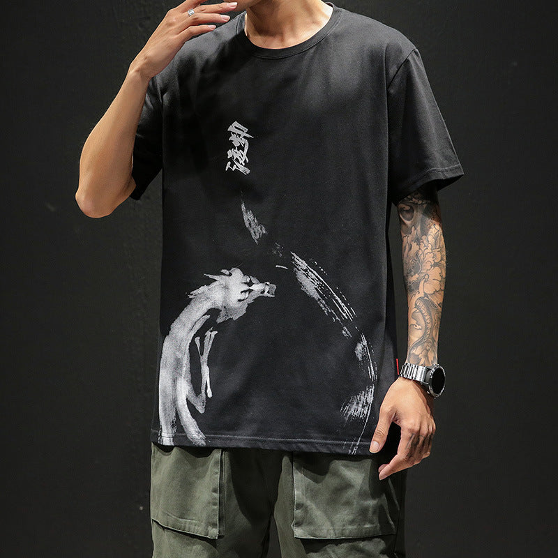 Men's loose T-shirt with ink printing