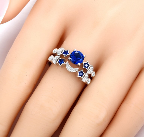New creative moon ring women Europe and the United States inlaid blue gem engagement ring