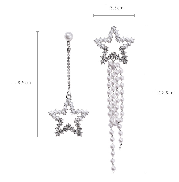 Five-pointed Star   Diamond Pearl Asymmetrical Earrings Personality Retro Long Earrings Simple Fringed Female Earrings