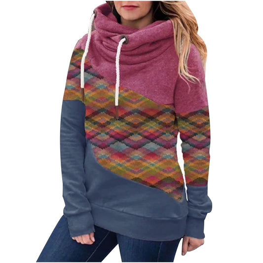 Tri Color patchwork drawstring hood casual fashion sweater