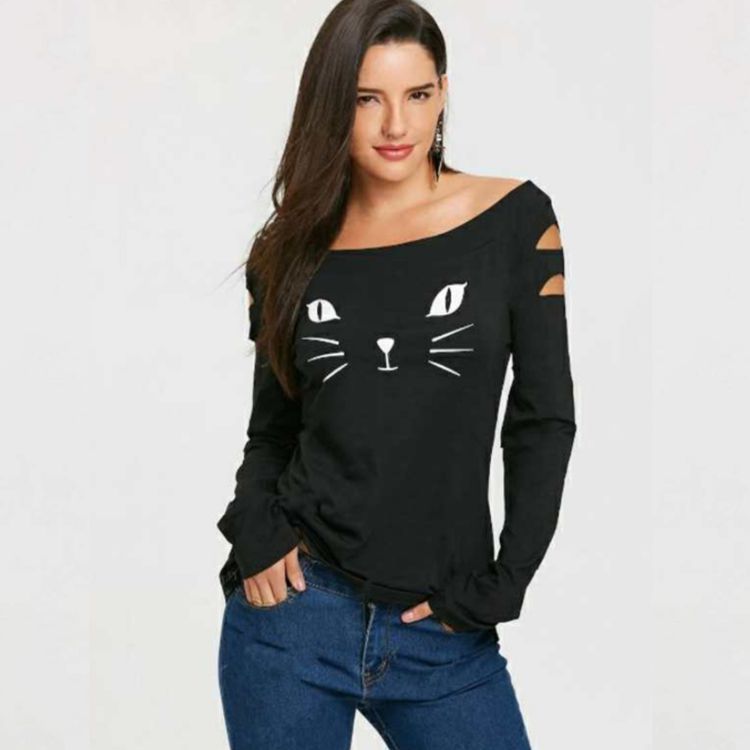 Cat Print Broken Long Sleeve T-Shirt