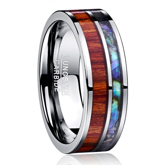 8MM wide tungsten steel ring with polished wood grain men's wedding rings