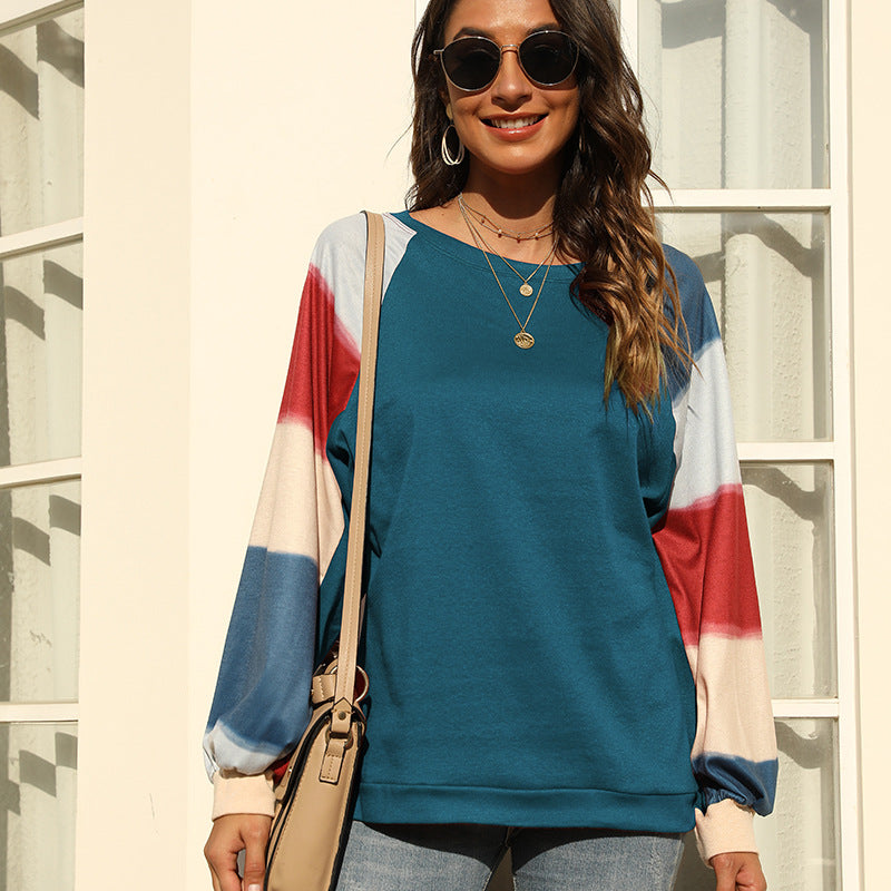 Casual Stitching Pullover Rainbow Long-sleeved Blouse