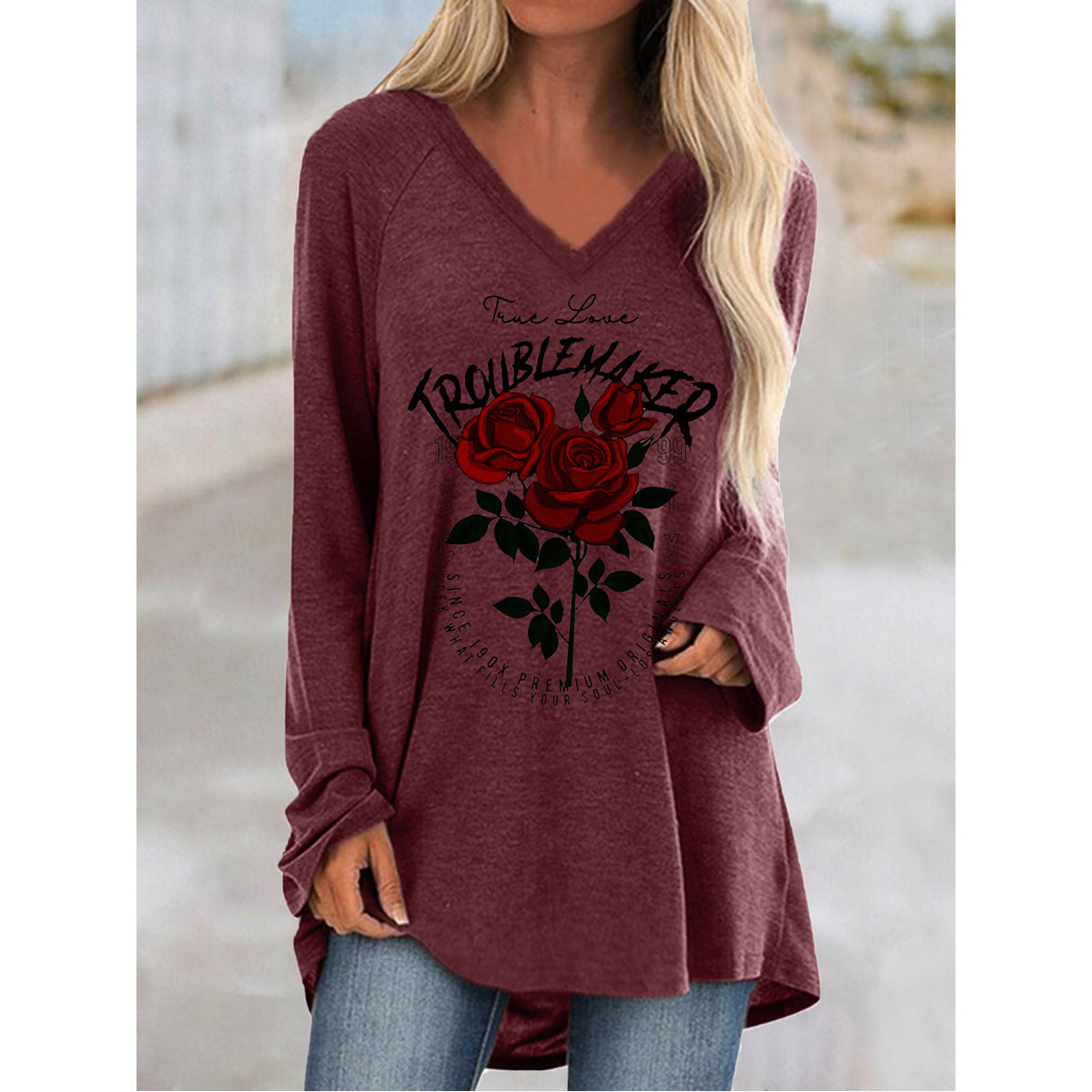 Printed Casual Large Size V-neck Loose Long-sleeved Pullover T-shirt Mid-Length