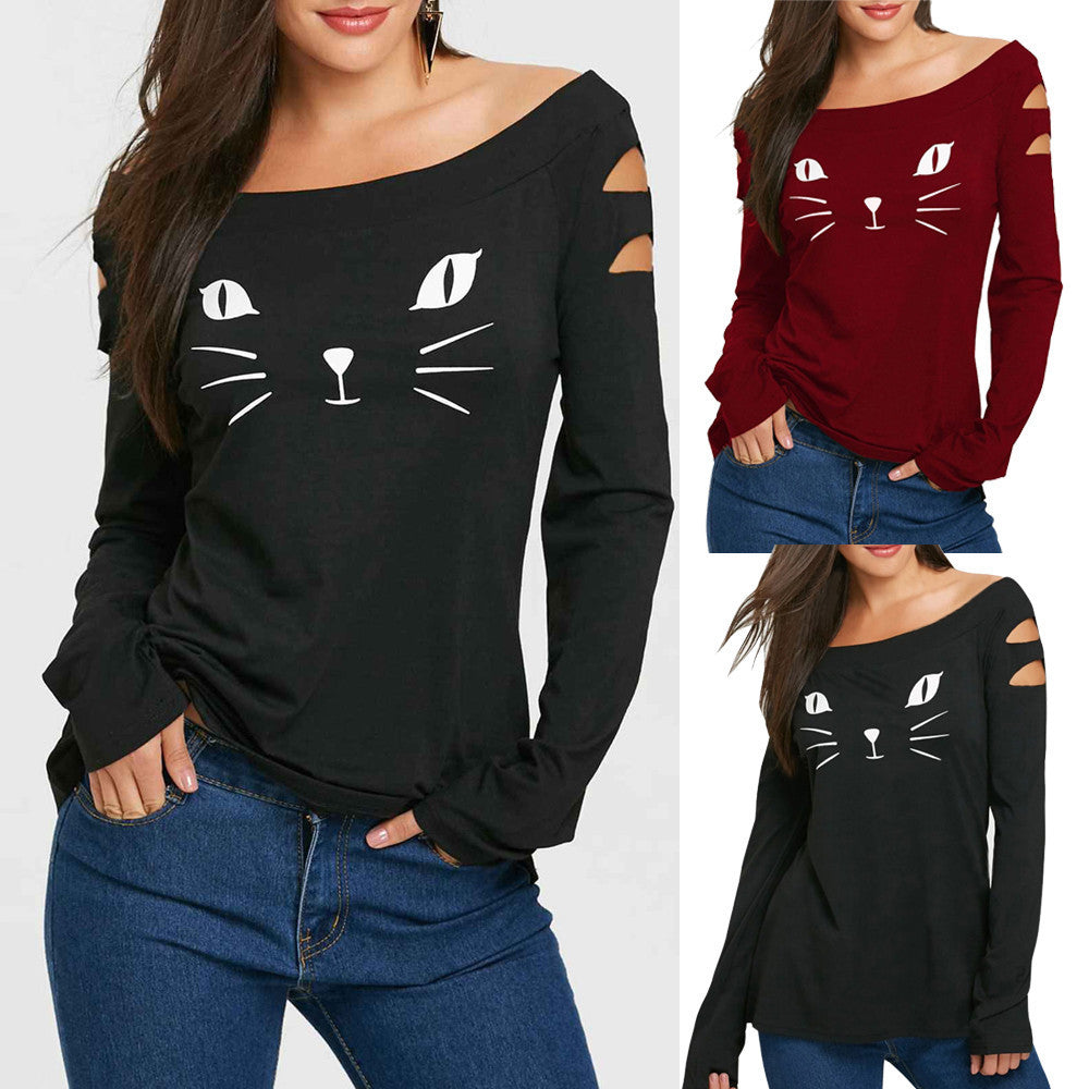 Cat Print Broken Long Sleeve T-Shirt