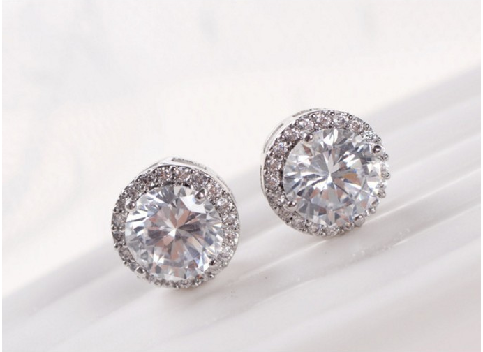 Fashion Women Girl White Rhinestone Crystal Round Metal Silver Zircon Ear Stud Earrings Patry Earring Jewelry