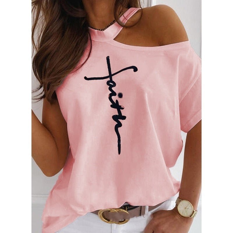 Letter print short sleeve off-shoulder T-shirt