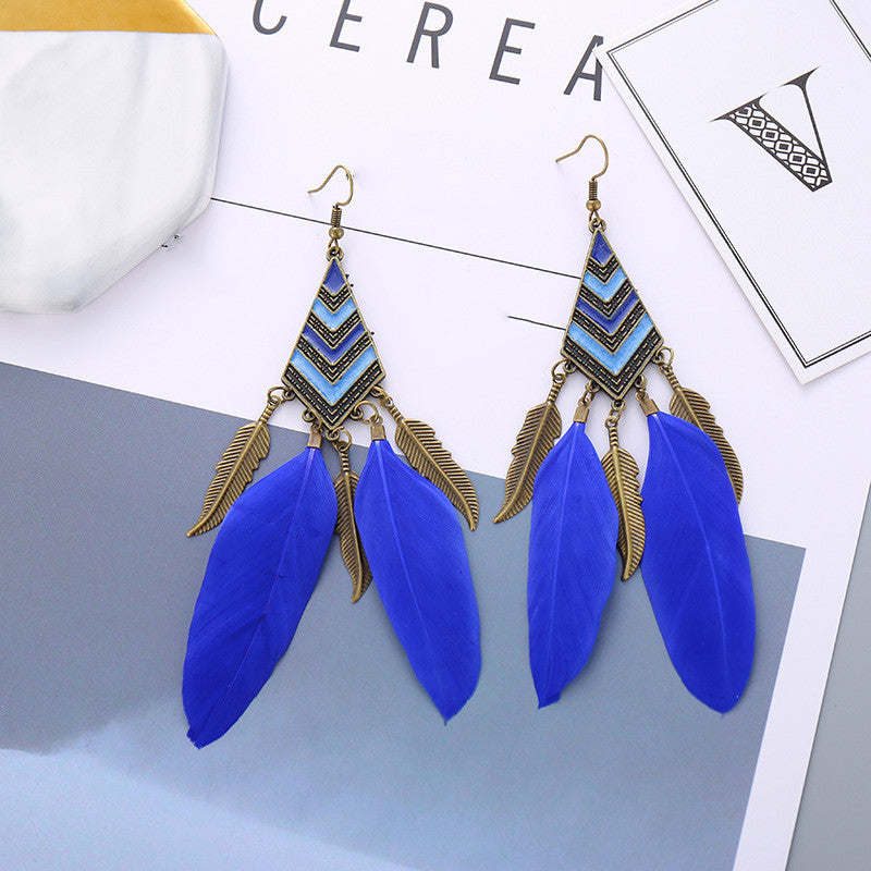 Diamond Leaf Long Tassel Feather Earrings For Female Bohemian Accessori