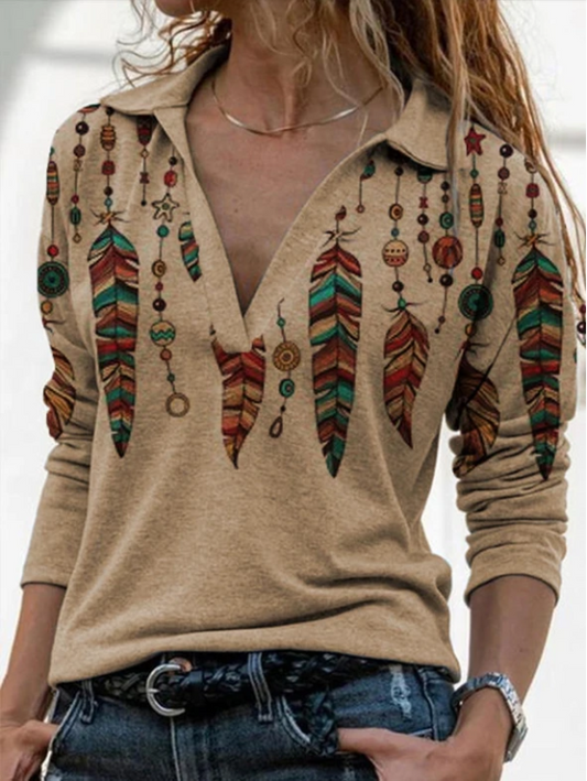 Retro long-sleeved printed V-neck shirt sweater