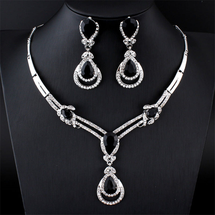 Rhinestone Inlaid Water Drop Shape Vintage Necklace Earrings