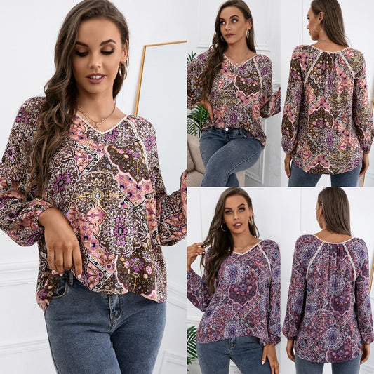 Loose Casual Lace V-neck Long-sleeved Printed Shirt