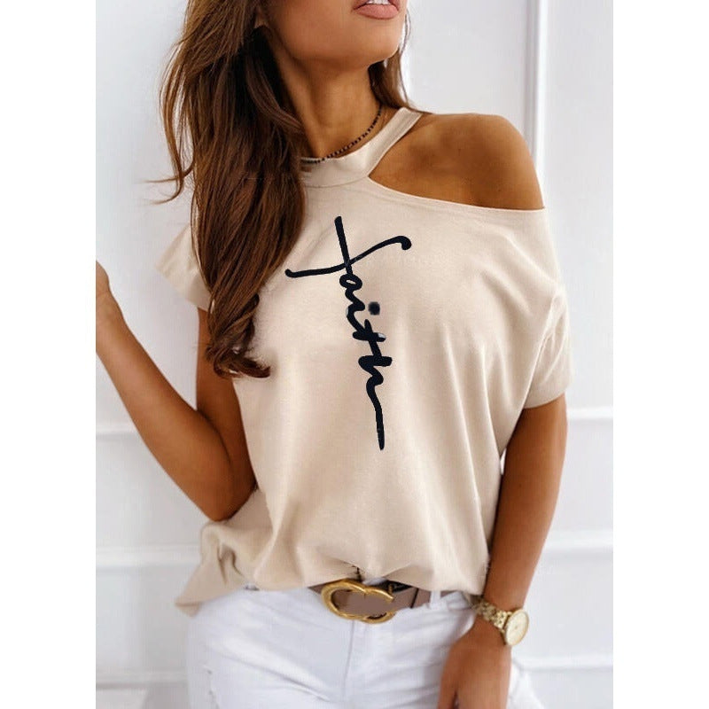 Letter print short sleeve off-shoulder T-shirt