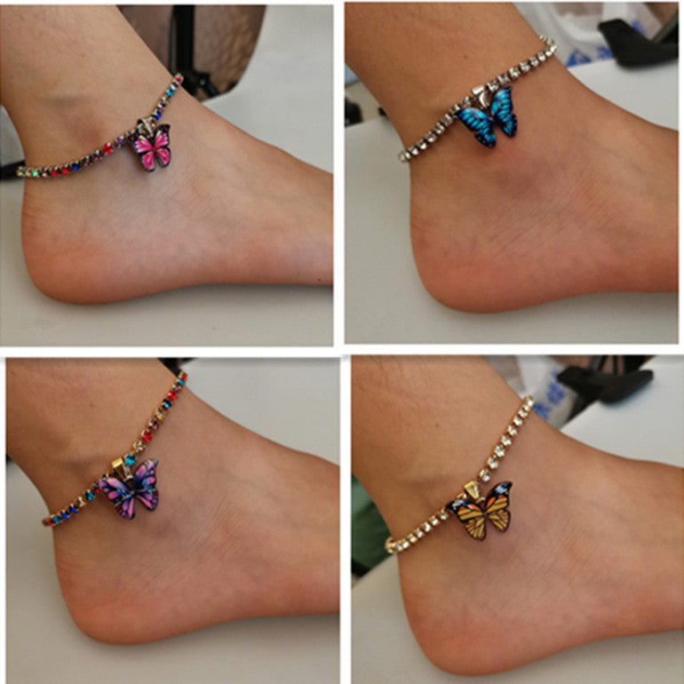 Rhinestone butterfly pendant anklet bracelet women