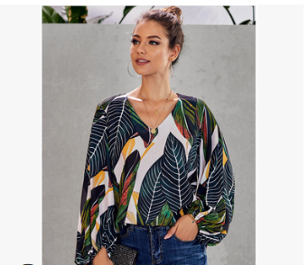 Printed loose v-neck lantern sleeve top