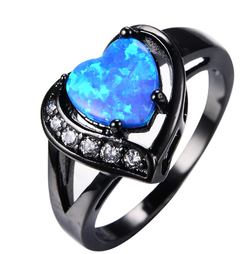 Female white Fire Opal Heart with zircon ring black gold ring promise engagement ring