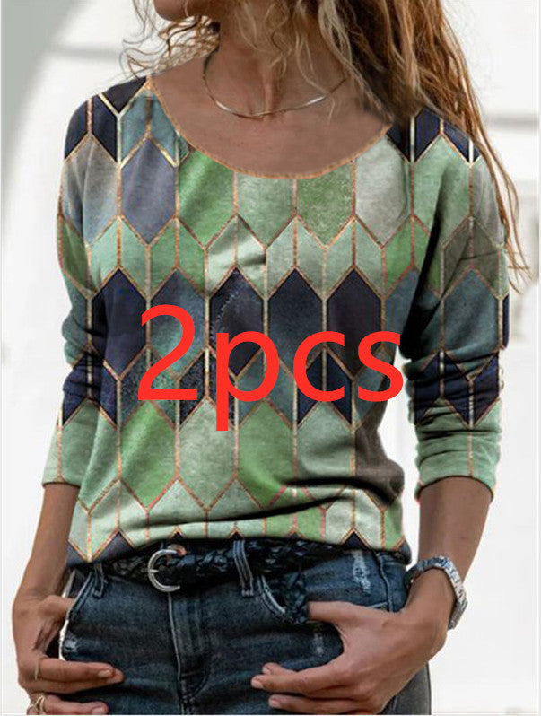 Long sleeve retro geometric print casual top T-shirt