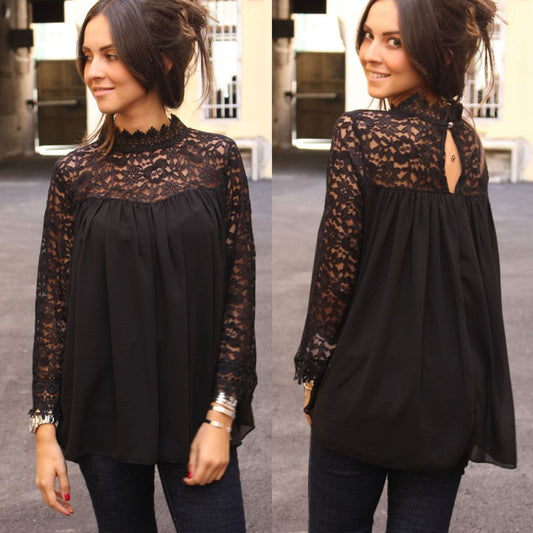 Openwork solid color long sleeve top