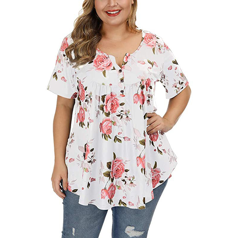 New Ladies V-Neck Button Plus Size Printed Short Sleeve Top