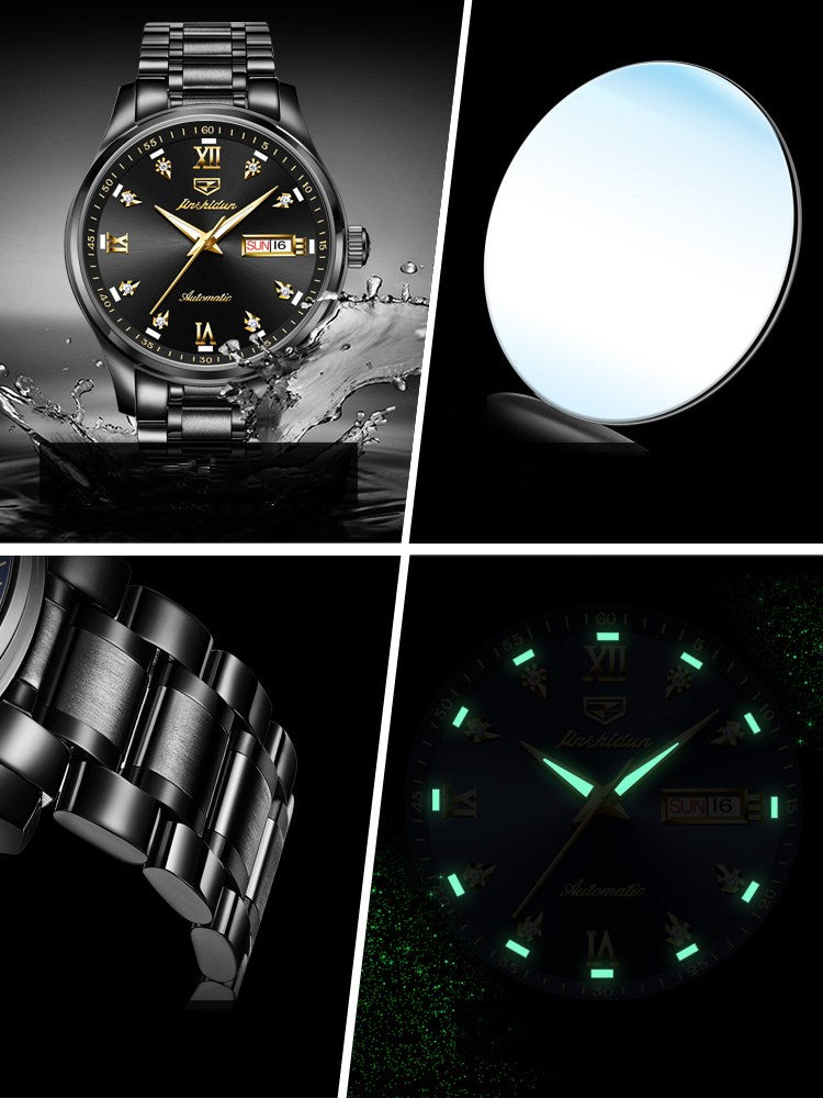 Simple dual calendar waterproof black mechanical watch