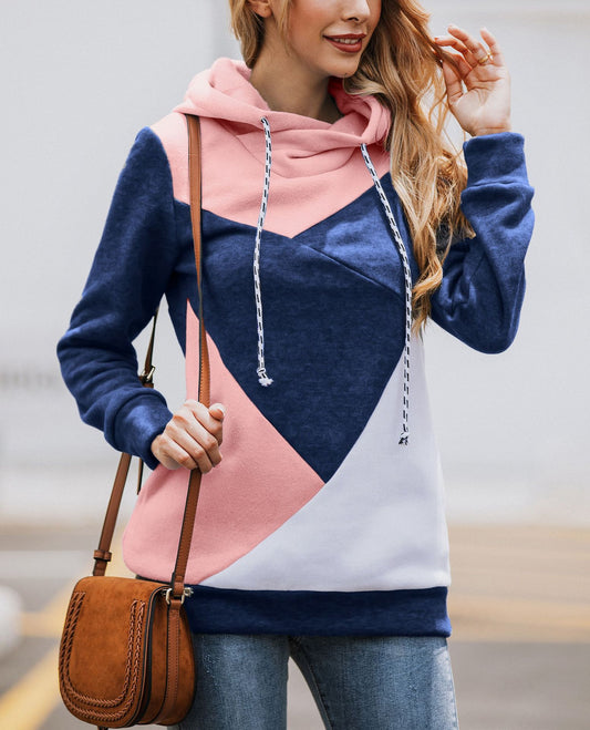 Fashion stitching rope hooded long-sleeved blouse