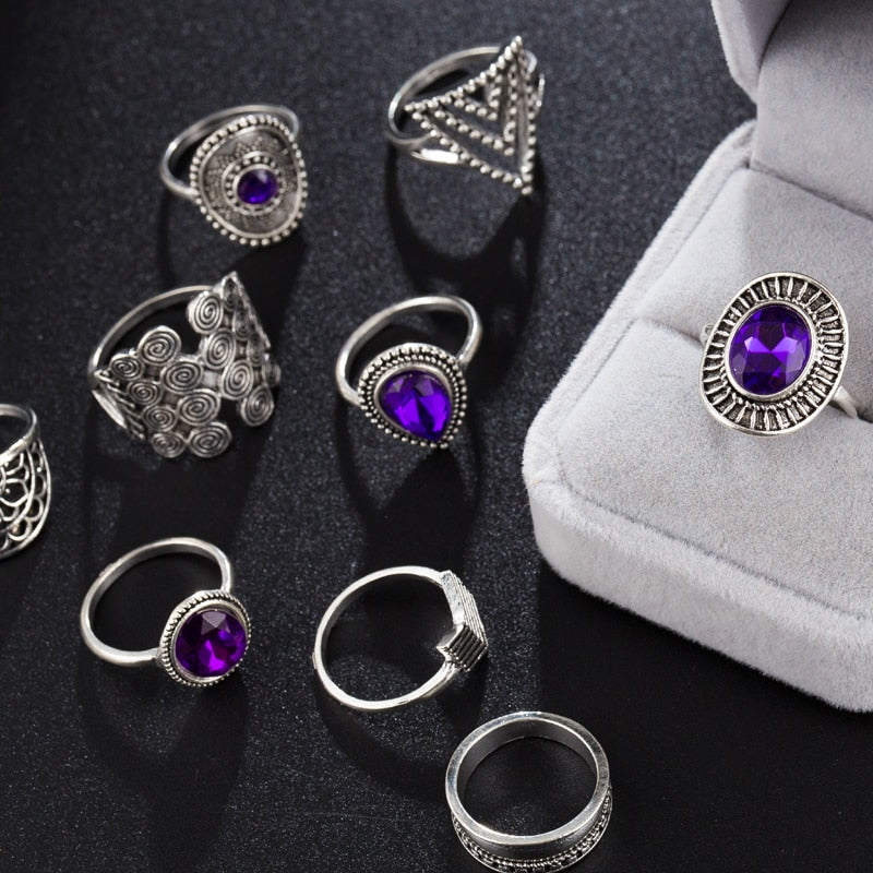 Vintage Fan-Shaped Drop Diamonds And Purple Gems Triangle Set Of 9 Rings