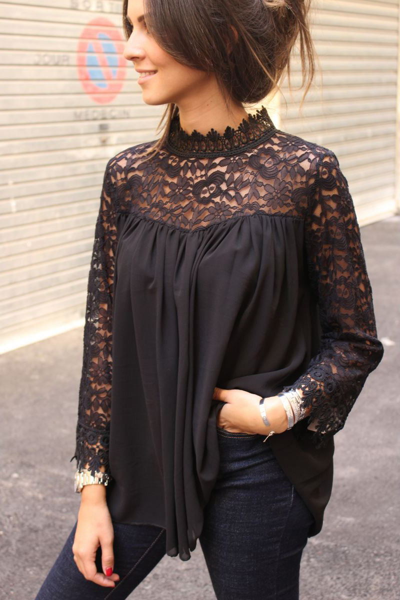 Openwork solid color long sleeve top