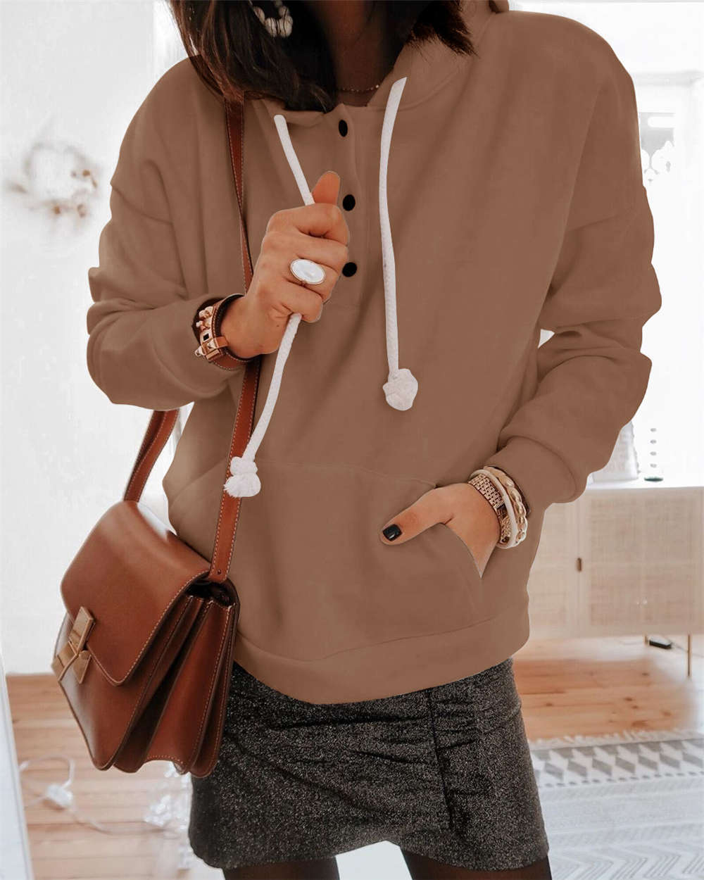 Solid color hooded drawstring button sweater