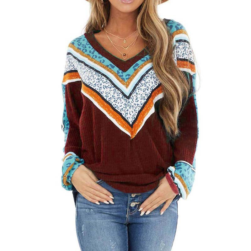 Printed V-neck pullover long sleeve top