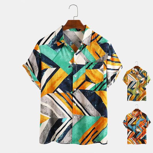Geometric color block beach casual men's shirt